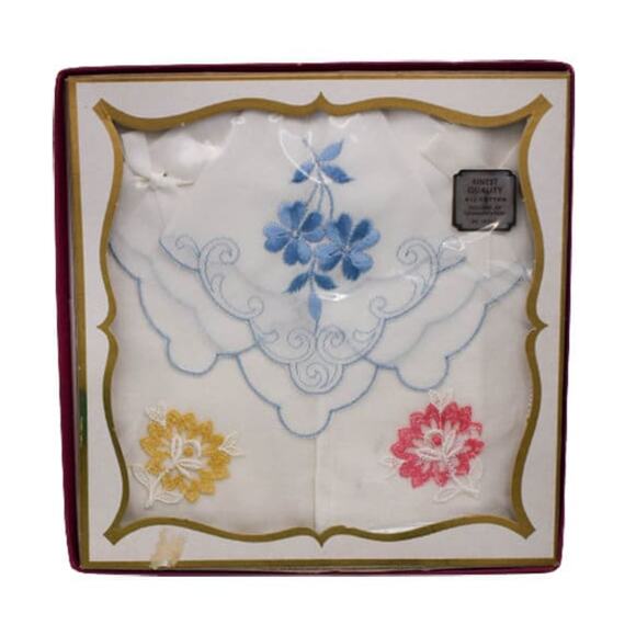 1960s NOS Boxed 3 pc Set Embroidered Applique Floral Pattern Handkerchief Hanky - Picture 1 of 6